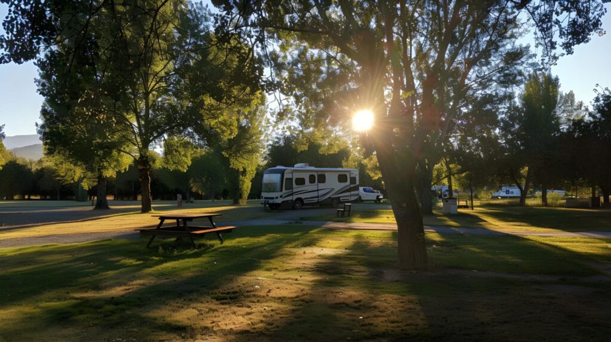 A wite camper van in a campground spot reserved using campground management systems