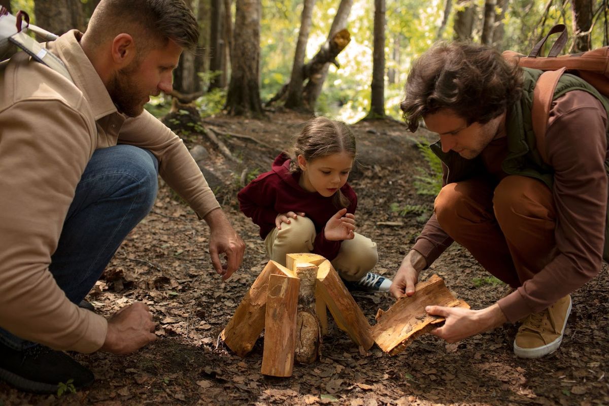 Family of four crouched around a wooden campfire structure in a forest, engaging in hands-on outdoor activity together on a forest trail.