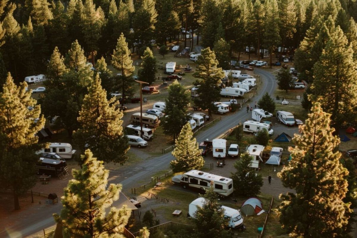 Aerial view of a campground with RVs, trailers, and tents scattered among tall pine trees with paved roads connecting the sites.