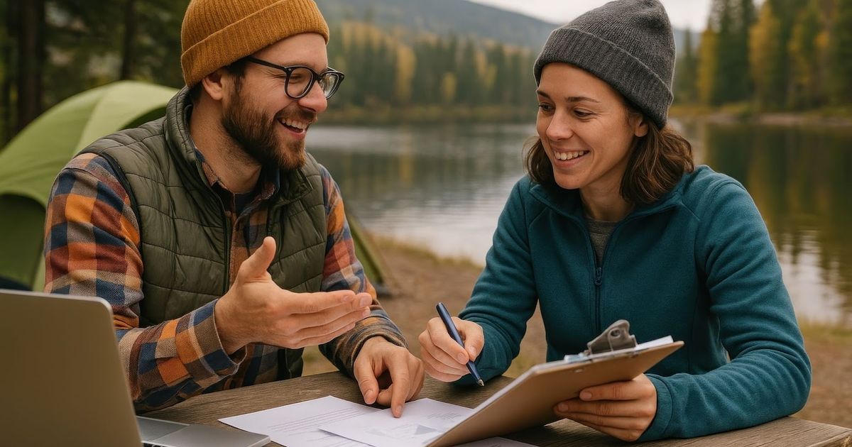 Two people reviewing documents at a wooden table by a lake with mountains and forest in the background, with a laptop nearby.