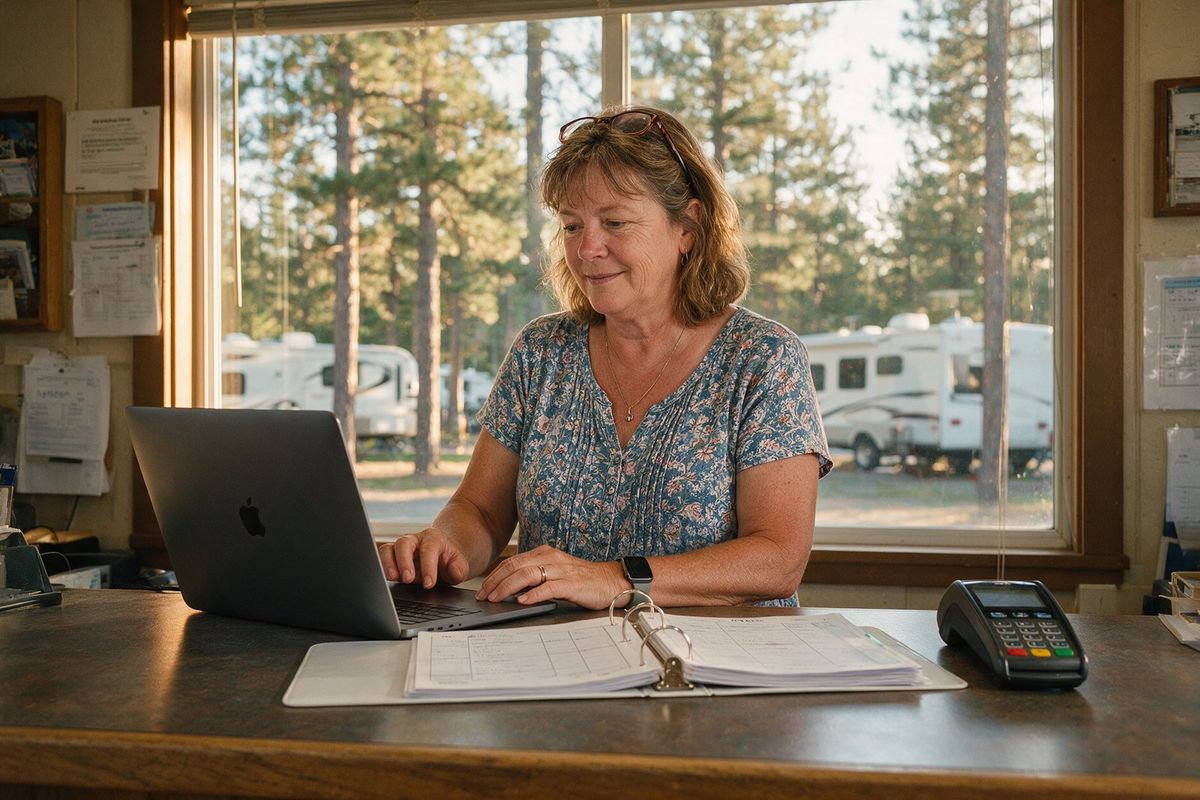 A campground owner checking email on a laptop at the park office front desk, next to the card terminal, with RVs parked outside the window