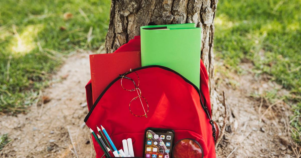 Red backpack leaning against tree trunk with notebooks, colored pencils, smartphone, magnifying glass, and apple visible in front pocket.