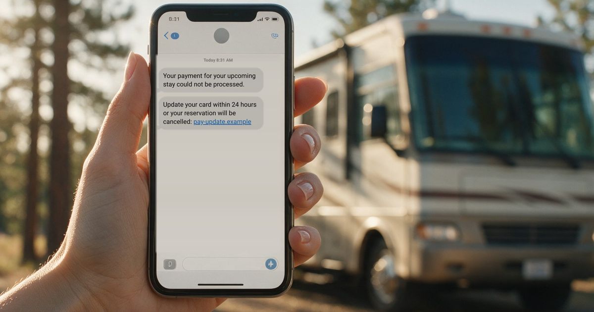 A camper holding a phone showing a fake text message that claims the payment for their campground booking was declined