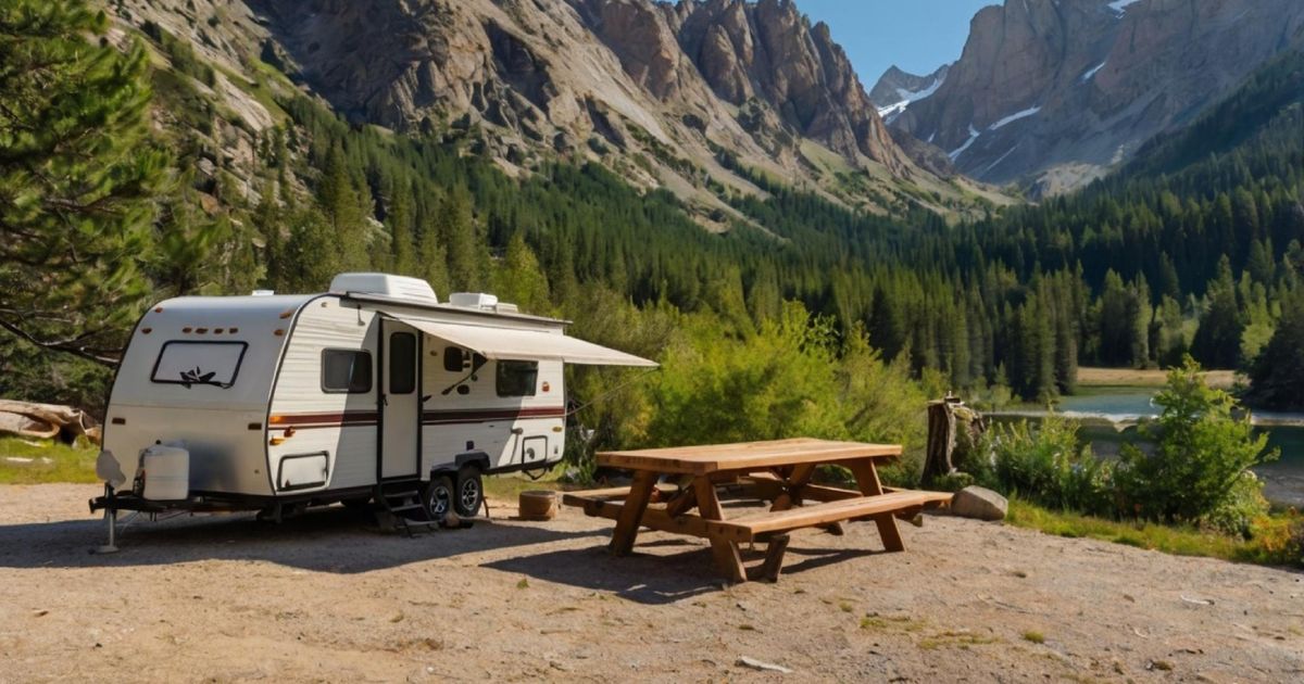 A white camper van in a campsite in the mountains with a wodden bench in front of it