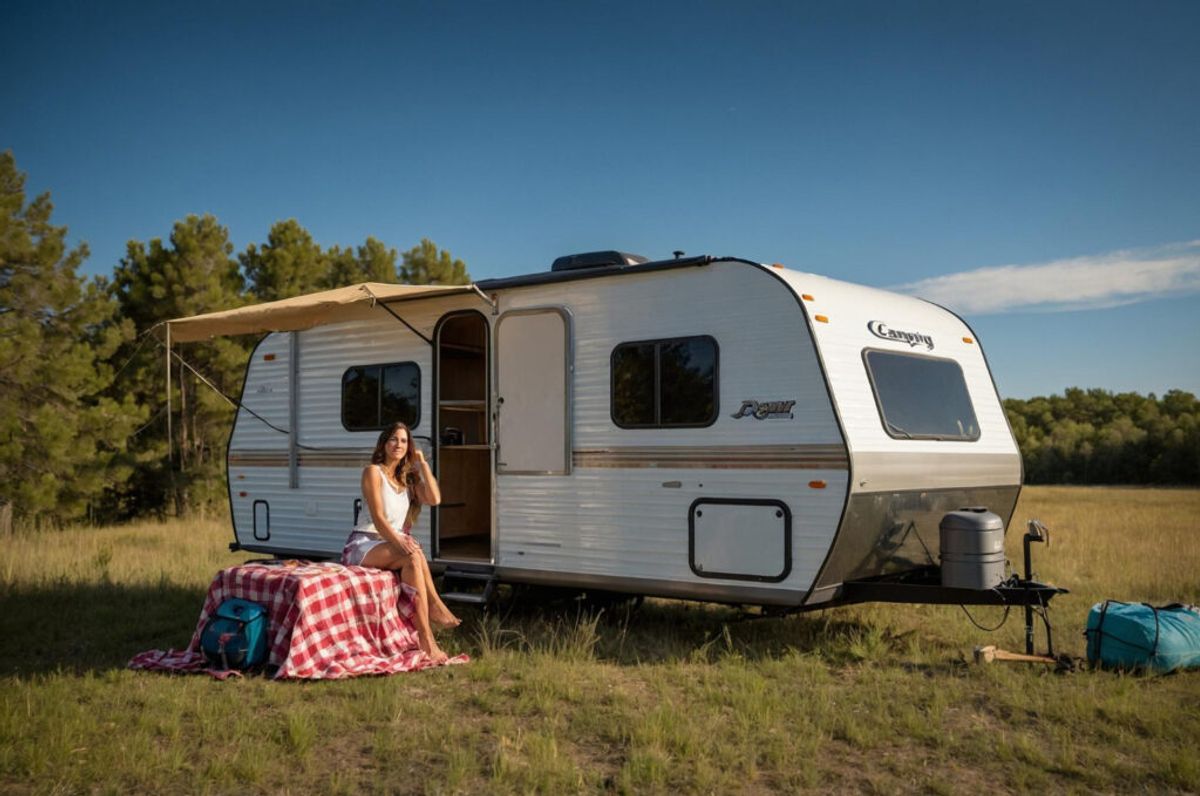 A woman outside of her camper van in a campground spot