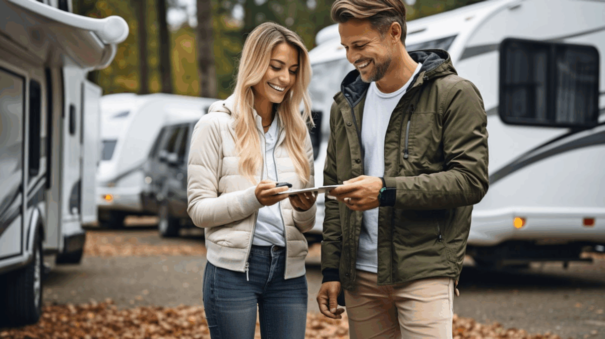 Couple reviewing document at RV dealership with multiple white recreational vehicles parked in background on gravel lot.