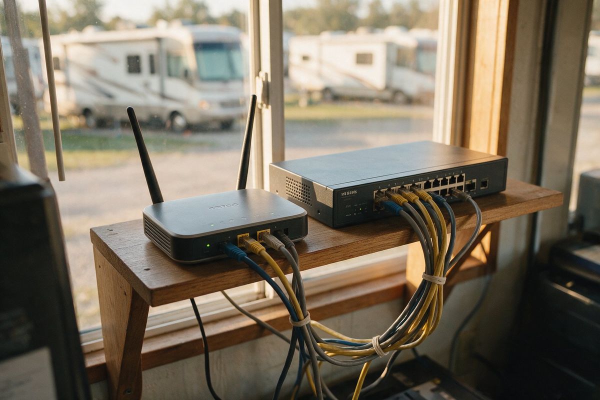A wireless router and a network switch on a shelf in a campground office, the equipment that separates guest Wi-Fi from the park's own network
