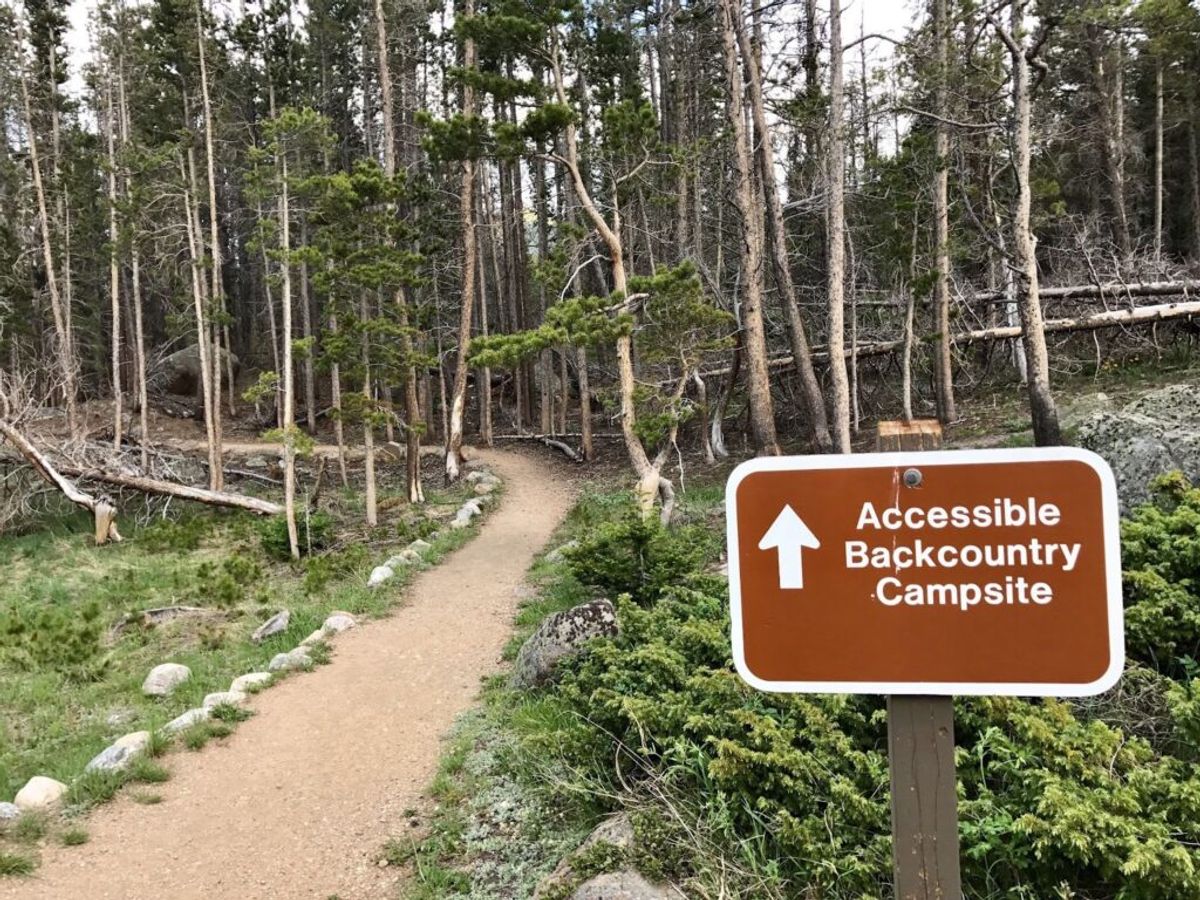 Brown sign with white arrow pointing up reads "Accessible Backcountry Campsite" on a forest trail lined with tall trees and rocks.