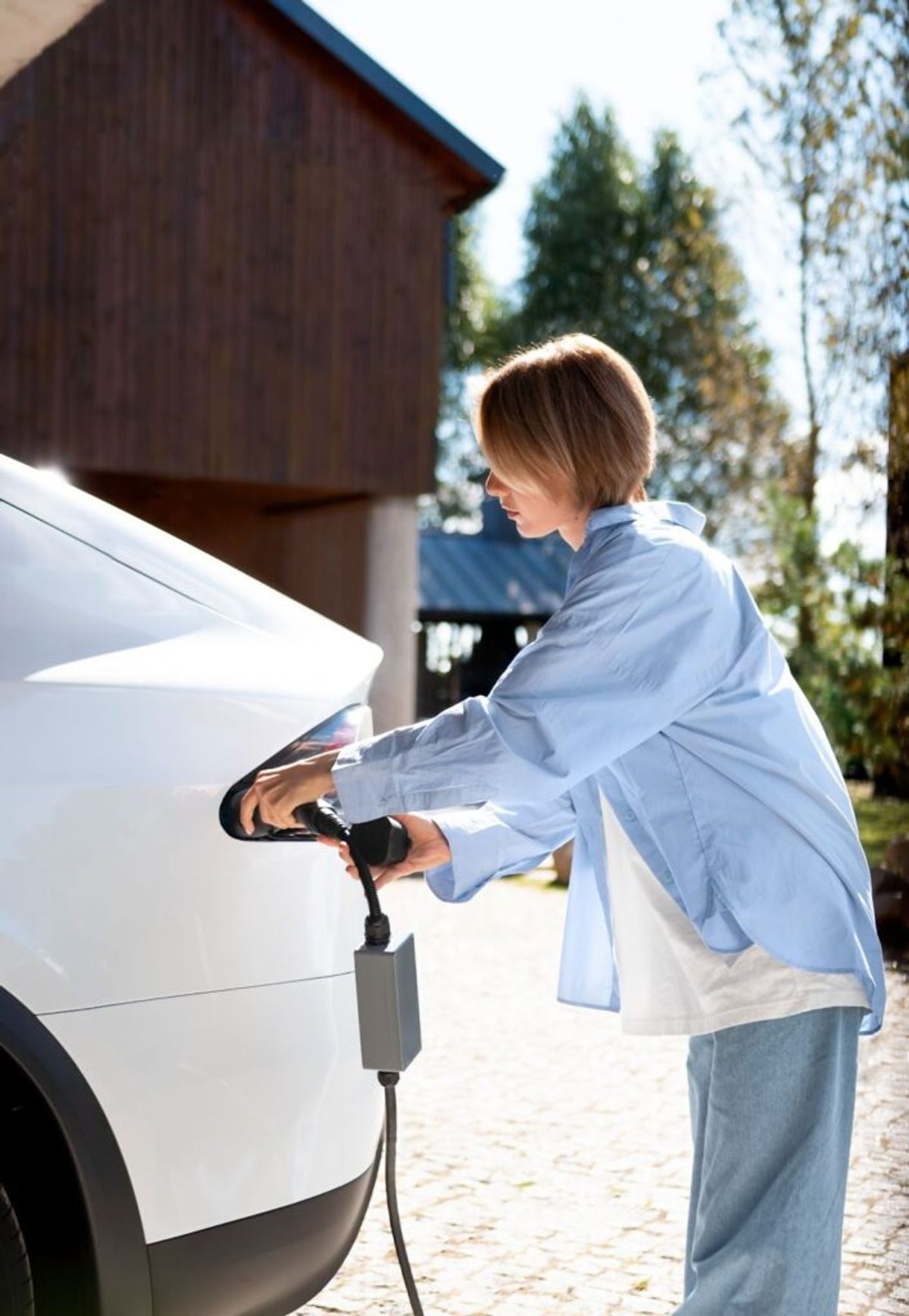 Woman in blue shirt plugging electric vehicle charging cable into white car at residential driveway with trees and cabin in background.