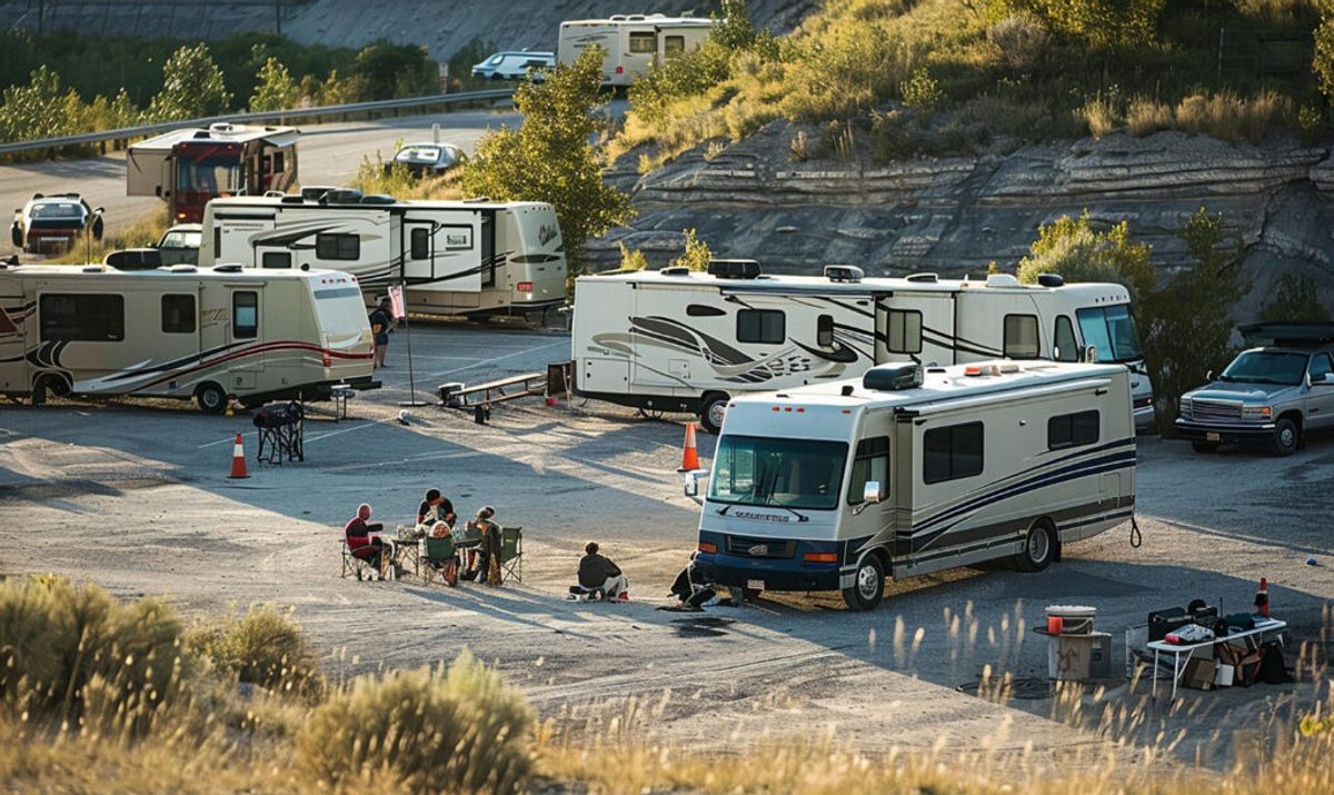 Busy RV campground with multiple motorhomes parked around a central area where campers gather socially near vehicles and trailers.