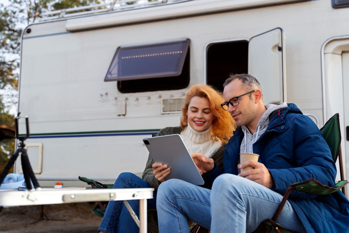 Couple relaxing outside a luxury RV, reviewing travel plans on a tablet while seated in camping chairs near their motorhome.