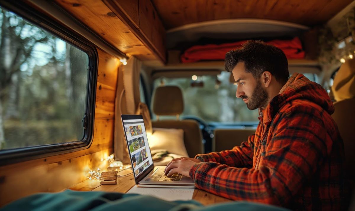 Man working on laptop inside an RV, reviewing photos on screen with warm lighting and forest view through window.