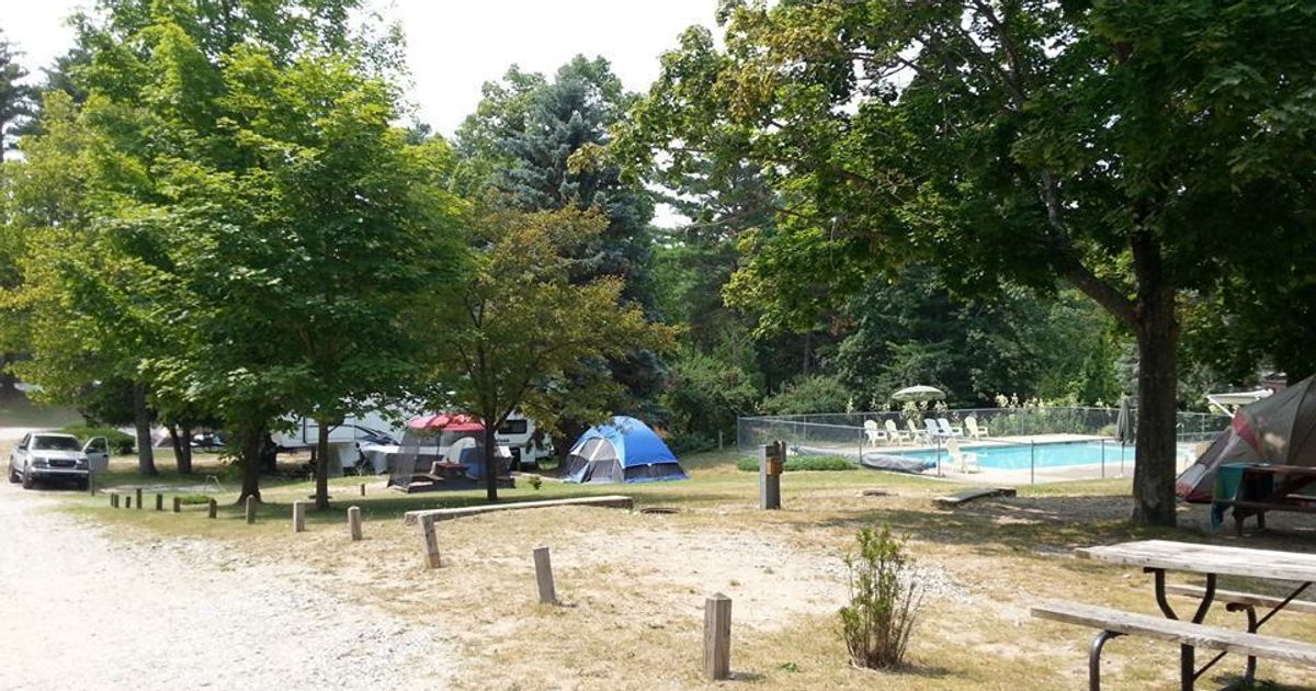 Tent sites, pool and picnic areas at Winding River Campground, Benzonia, Michigan