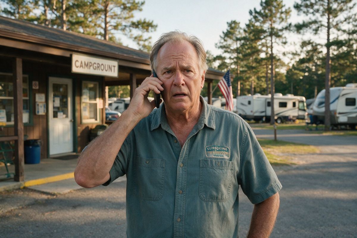 An RV park owner standing outside the park office on the phone, taking calls from guests who received a scam message