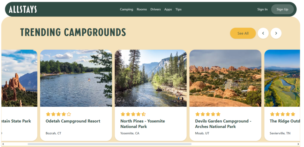 Allstays screenshot for the best directories to list your rv park in 