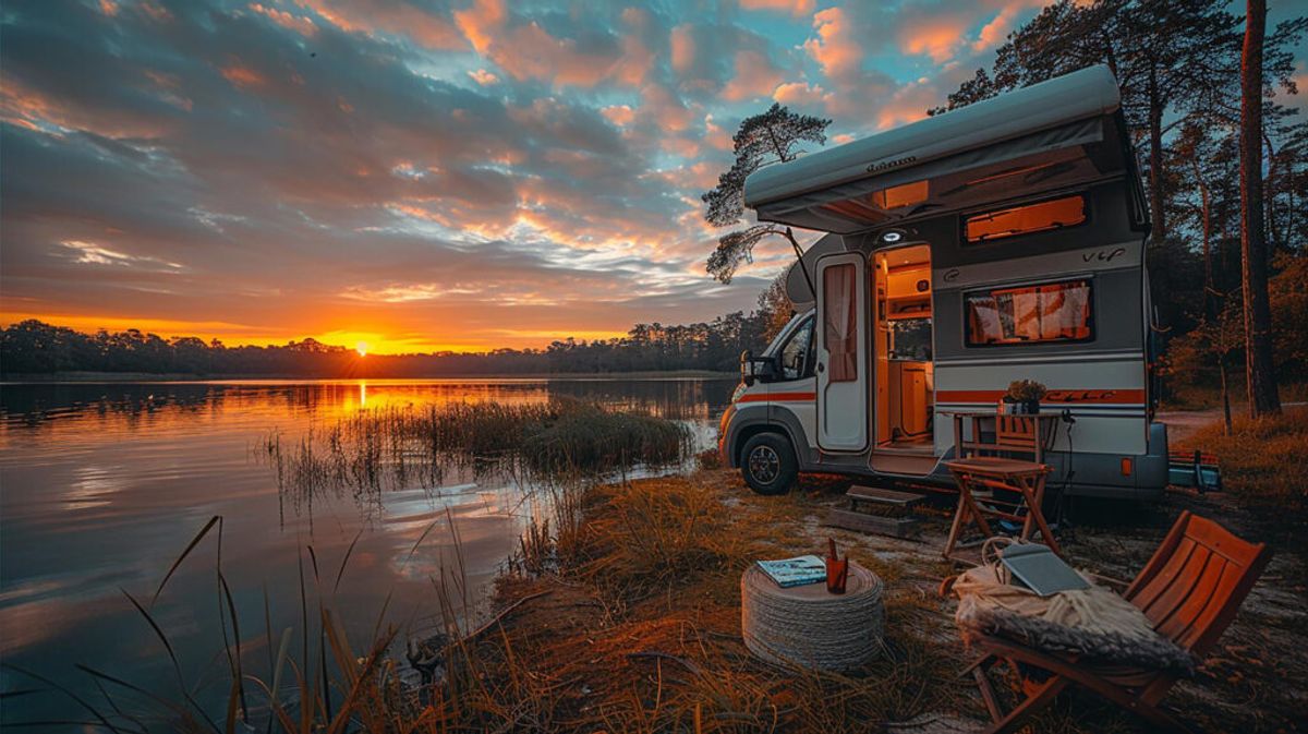 RV camper parked lakeside at sunset with orange chairs and campfire ring, surrounded by pine trees and calm water reflecting golden sky.