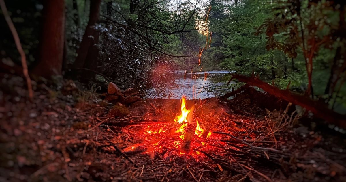 Campfire beside the river at Camp Holly, West Virginia