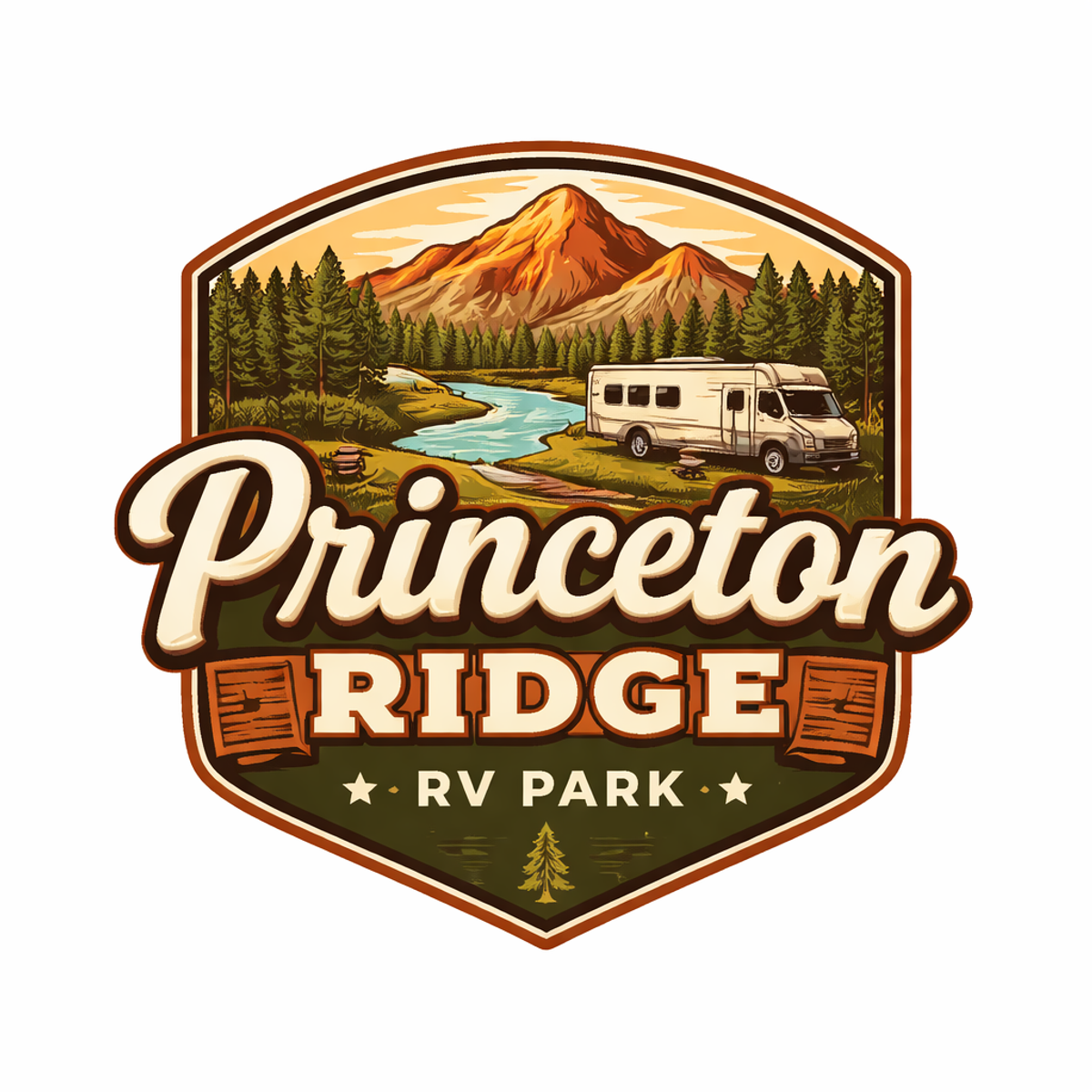 Princeton Ridge RV Park logo badge with an illustrated motorhome beside a river, mountains, and pine trees