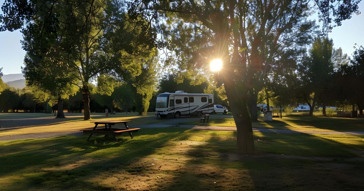 a camper van on their respective campsite spot of an RV park
