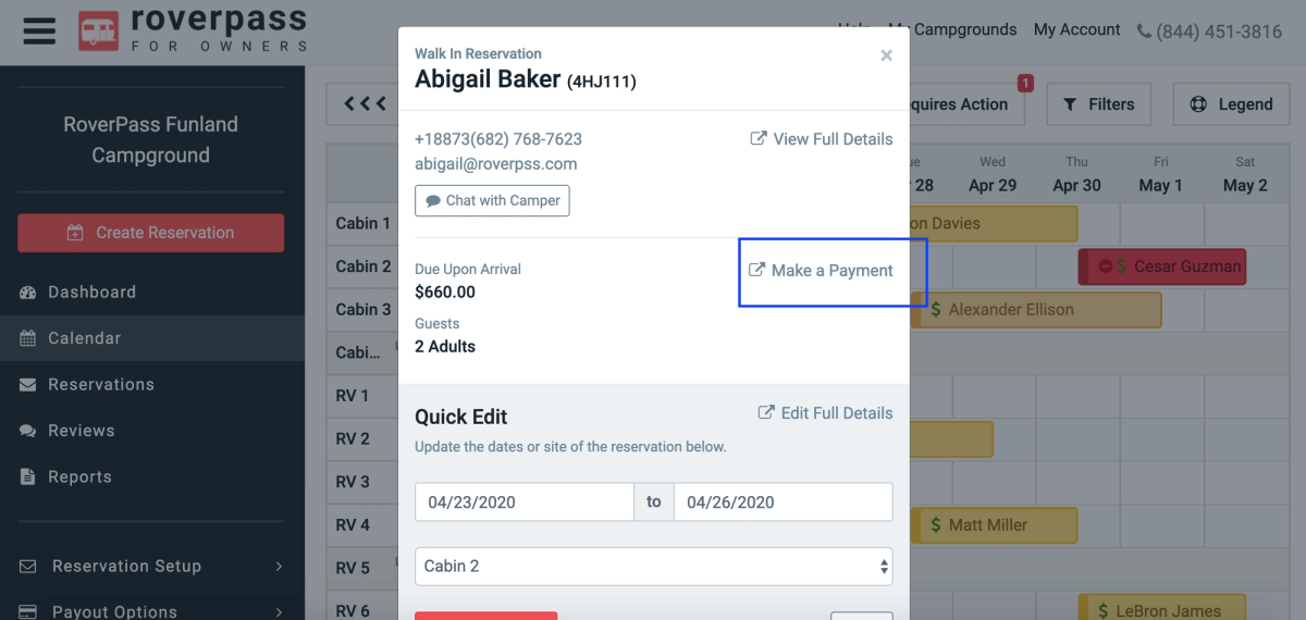 RoverPass campground management system showing a walk-in reservation dialog for Abigail Baker with payment and quick edit options visible on the calendar interface.