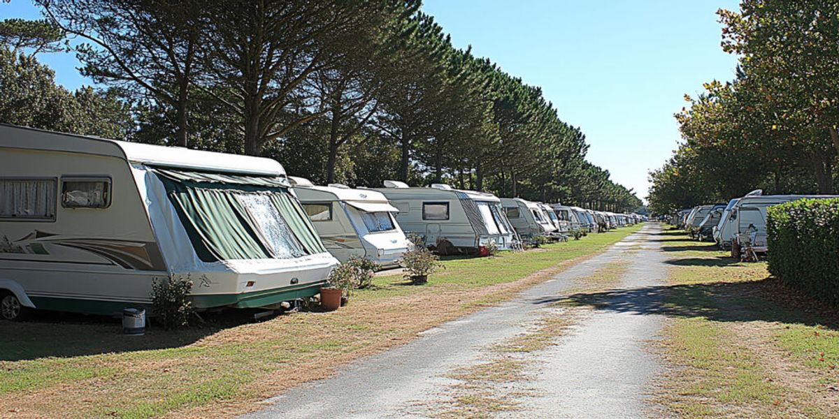 Row of caravans parked in organized spaces along a tree-lined campsite pathway on grass, demonstrating efficient campground layout and occupancy management.