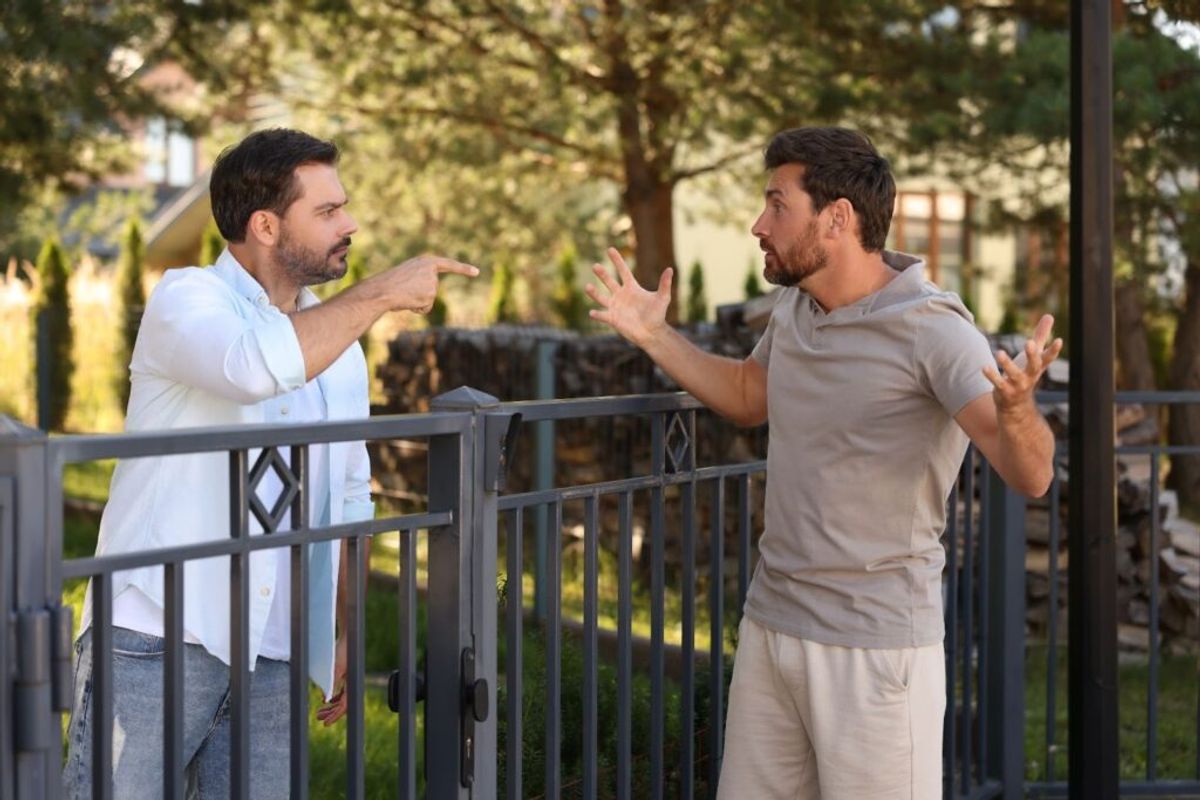 Two men having an animated conversation over a backyard fence, gesturing expressively in a residential outdoor setting with trees and landscaping.