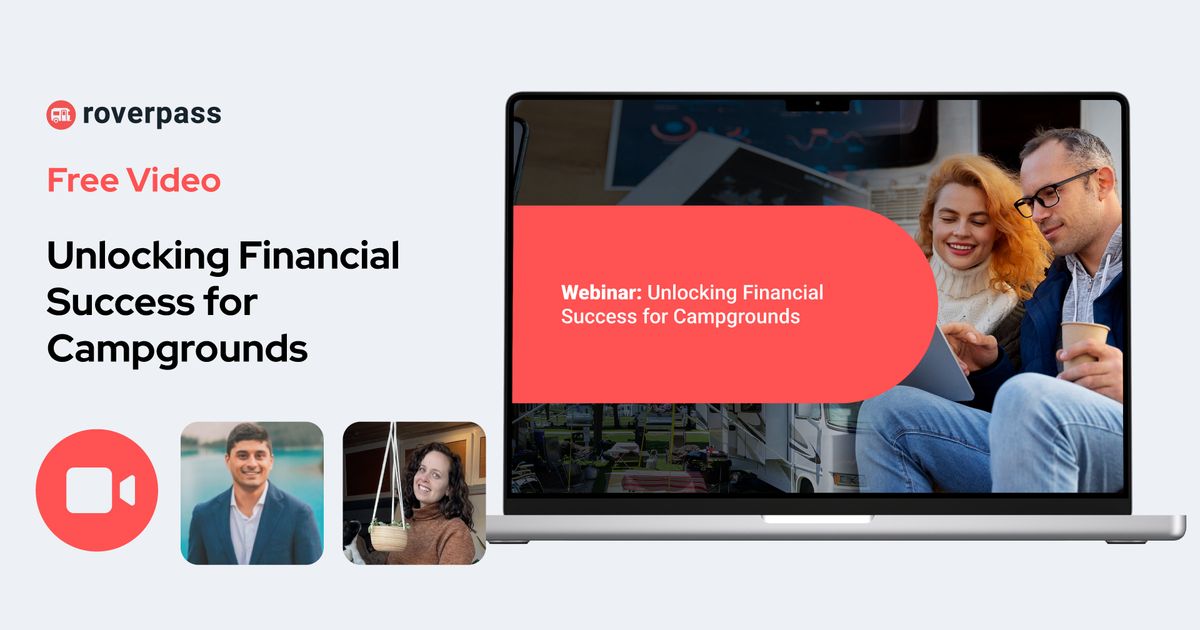 Laptop displaying a webinar titled "Unlocking Financial Success for Campgrounds" with two people smiling while reviewing documents together.