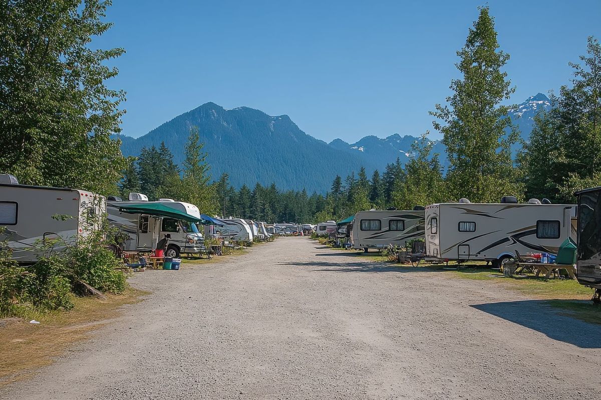 RV park lot with multiple motorhomes parked in rows along a gravel road, surrounded by tall trees and mountains in the background.