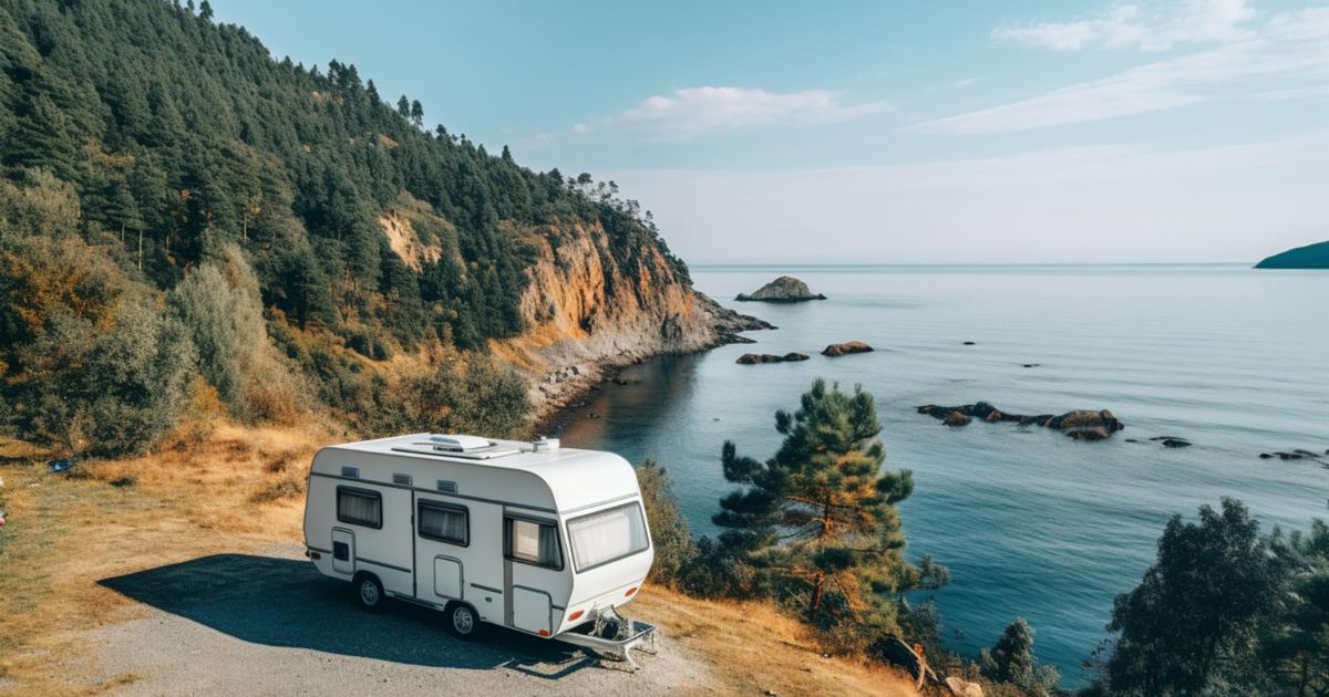 a high ground point of view of a camper van on the edge of a cliff with the ocean in front of it