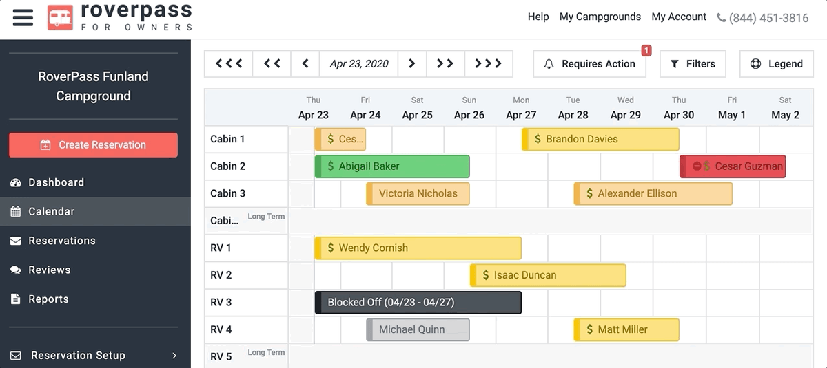 RoverPass Funland Campground calendar view showing cabin and RV reservations across multiple days in April and May 2020, with guest names color-coded by booking status.