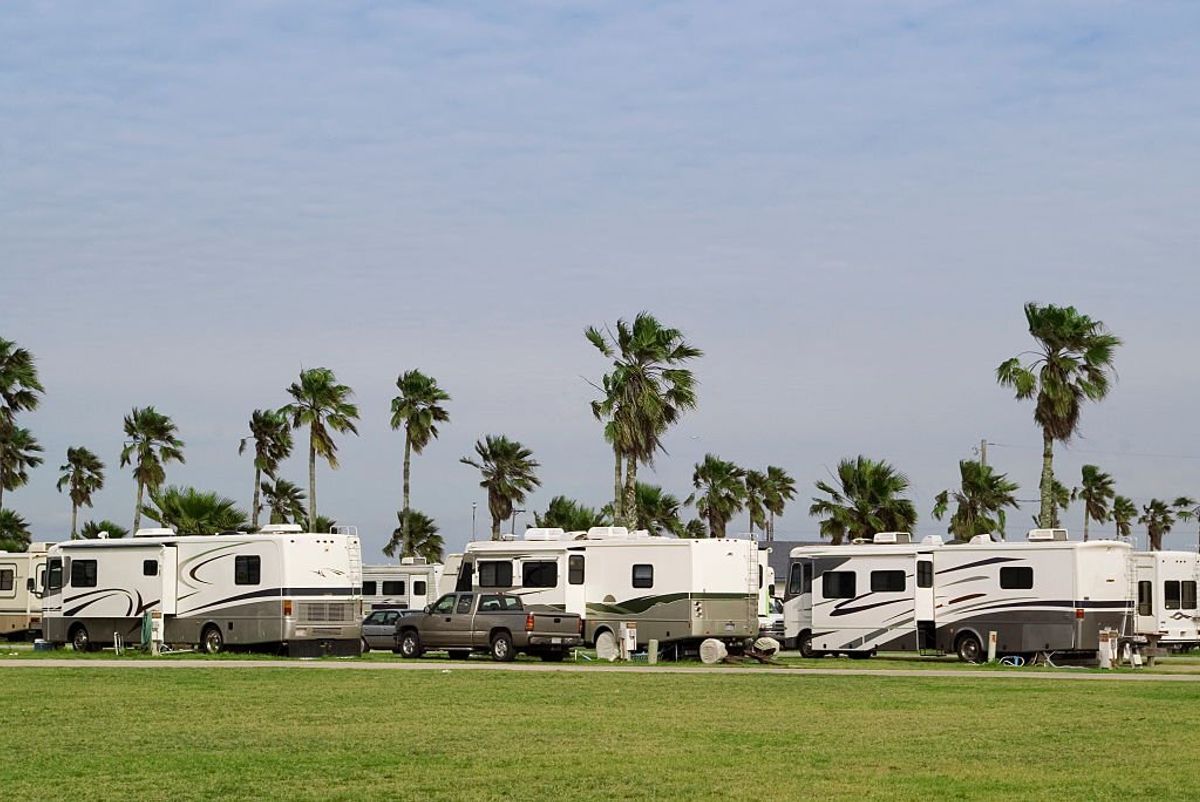 Row of RVs in RV park in North America