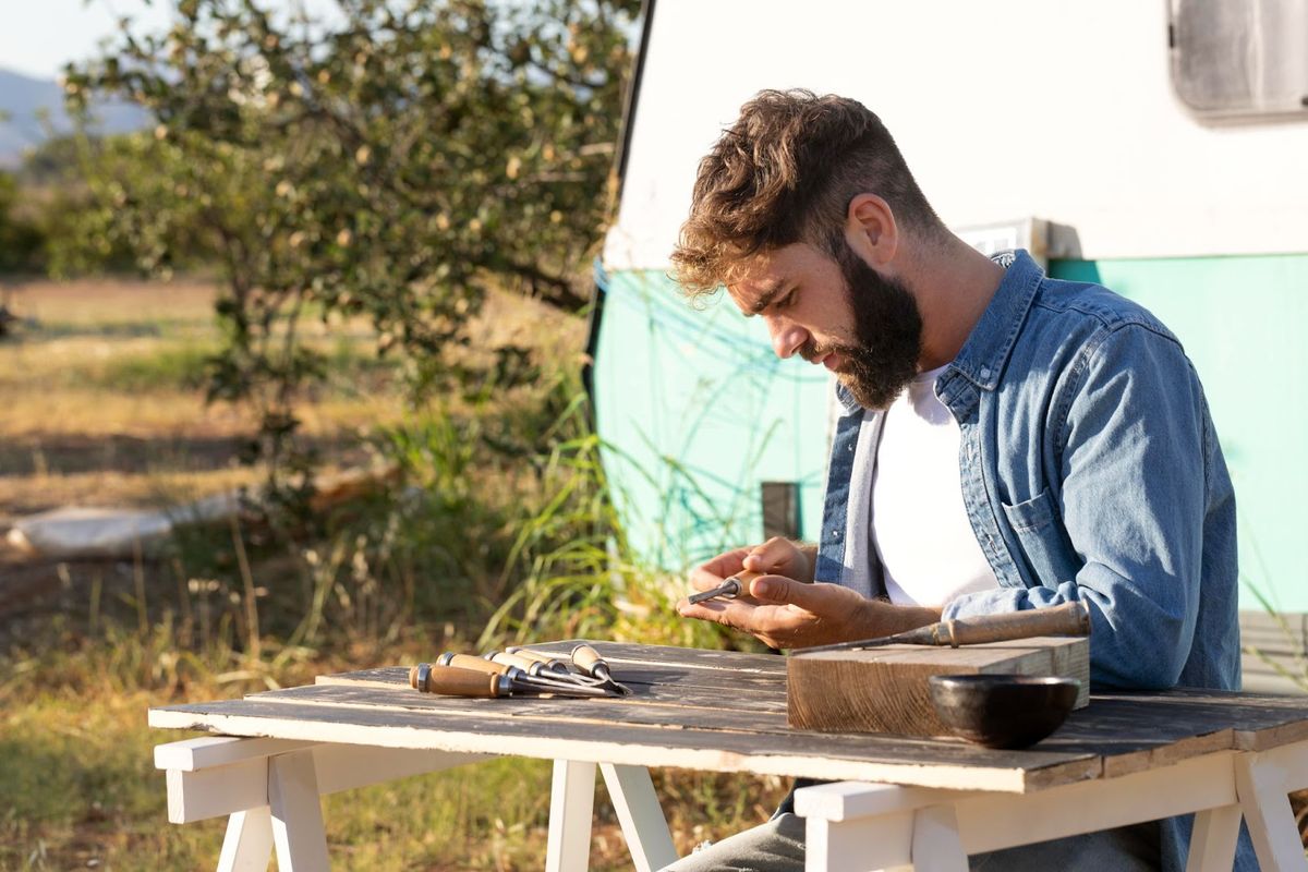 Man with beard working on finances at outdoor wooden table near RV, reviewing documents and using calculator.