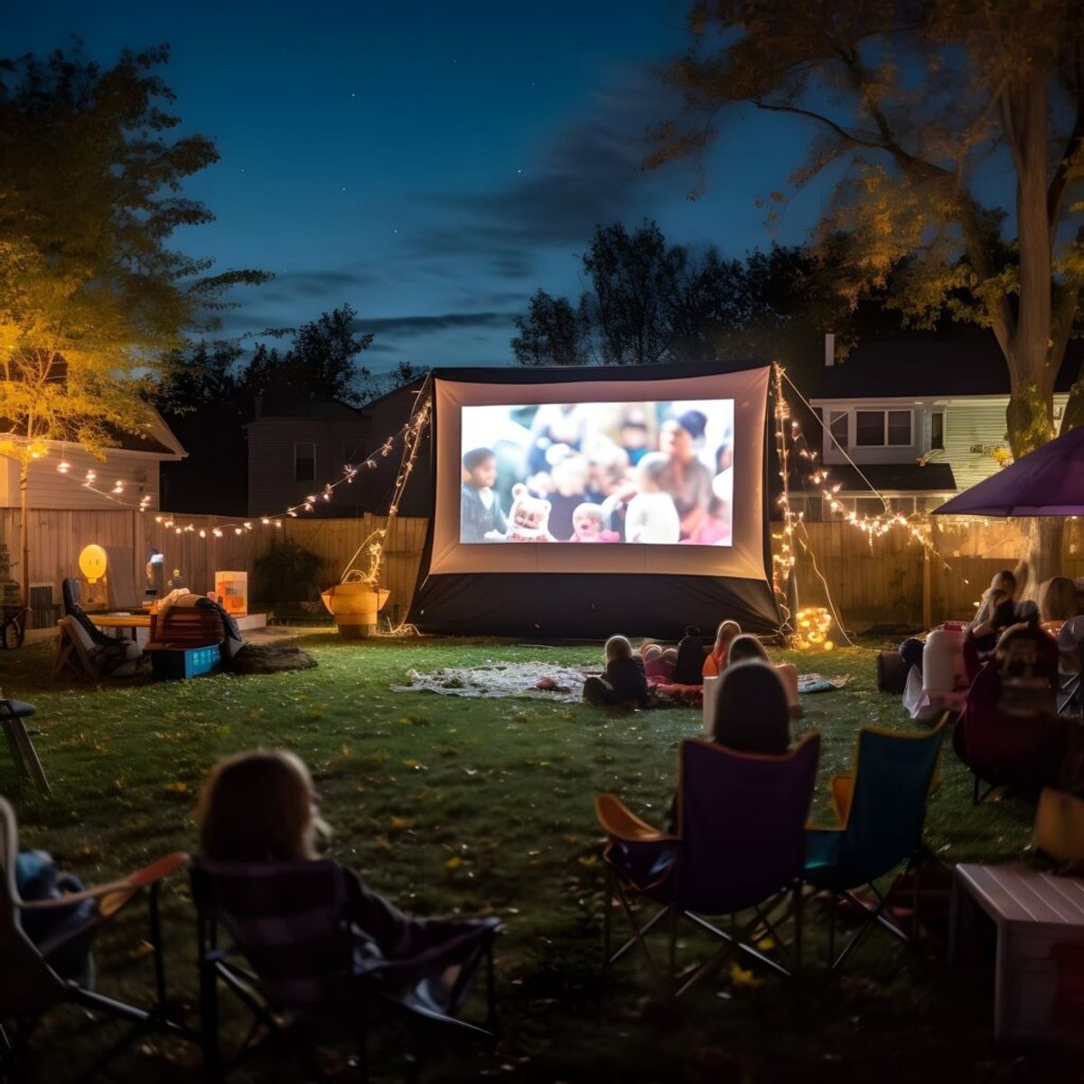 Backyard movie night setup with inflatable screen, string lights, and families seated in camping chairs watching a film at dusk.