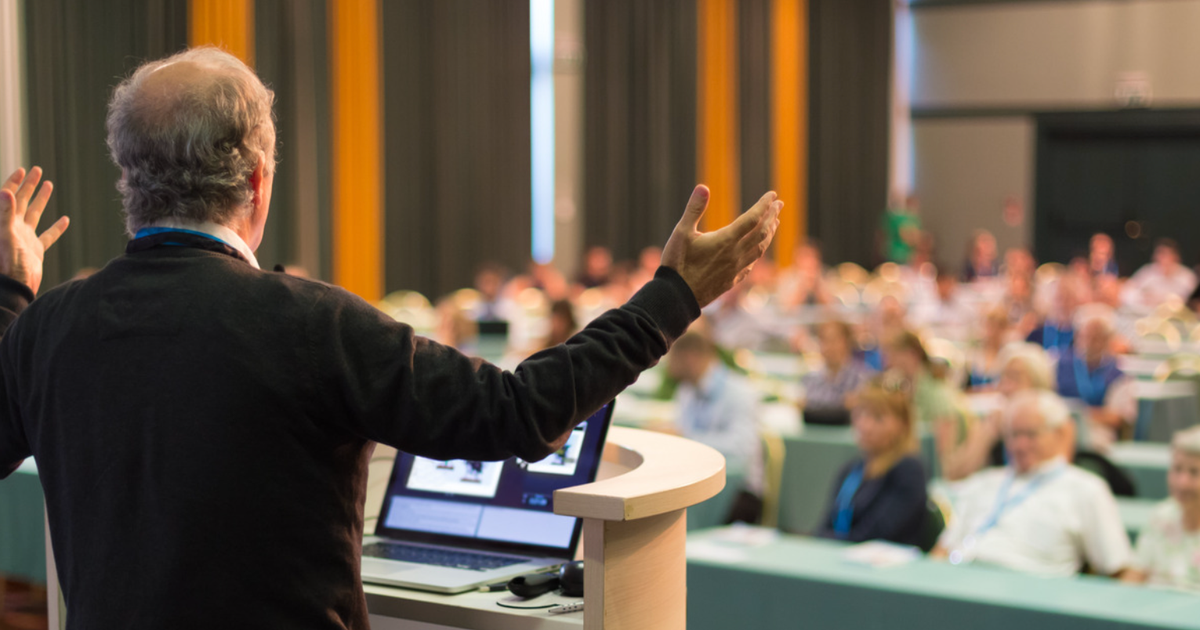 Giving a talk at an RV trade show.