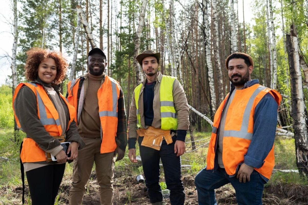 Four outdoor workers wearing orange safety vests stand together in a forest with birch trees, smiling at the camera.