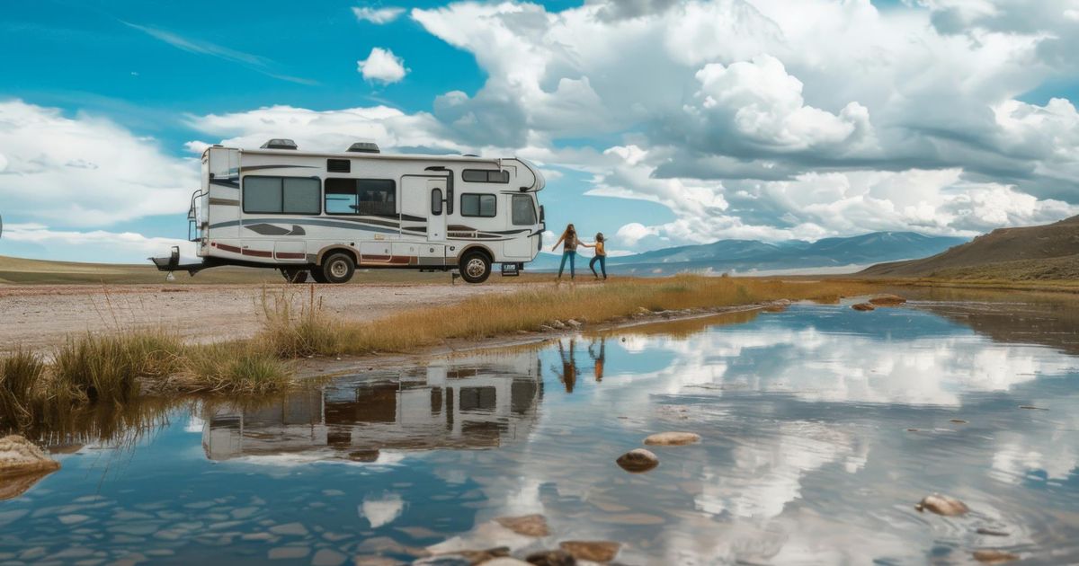 a camper van staying in front of a lake with its reflection and two poeple outside of it enjoying the view