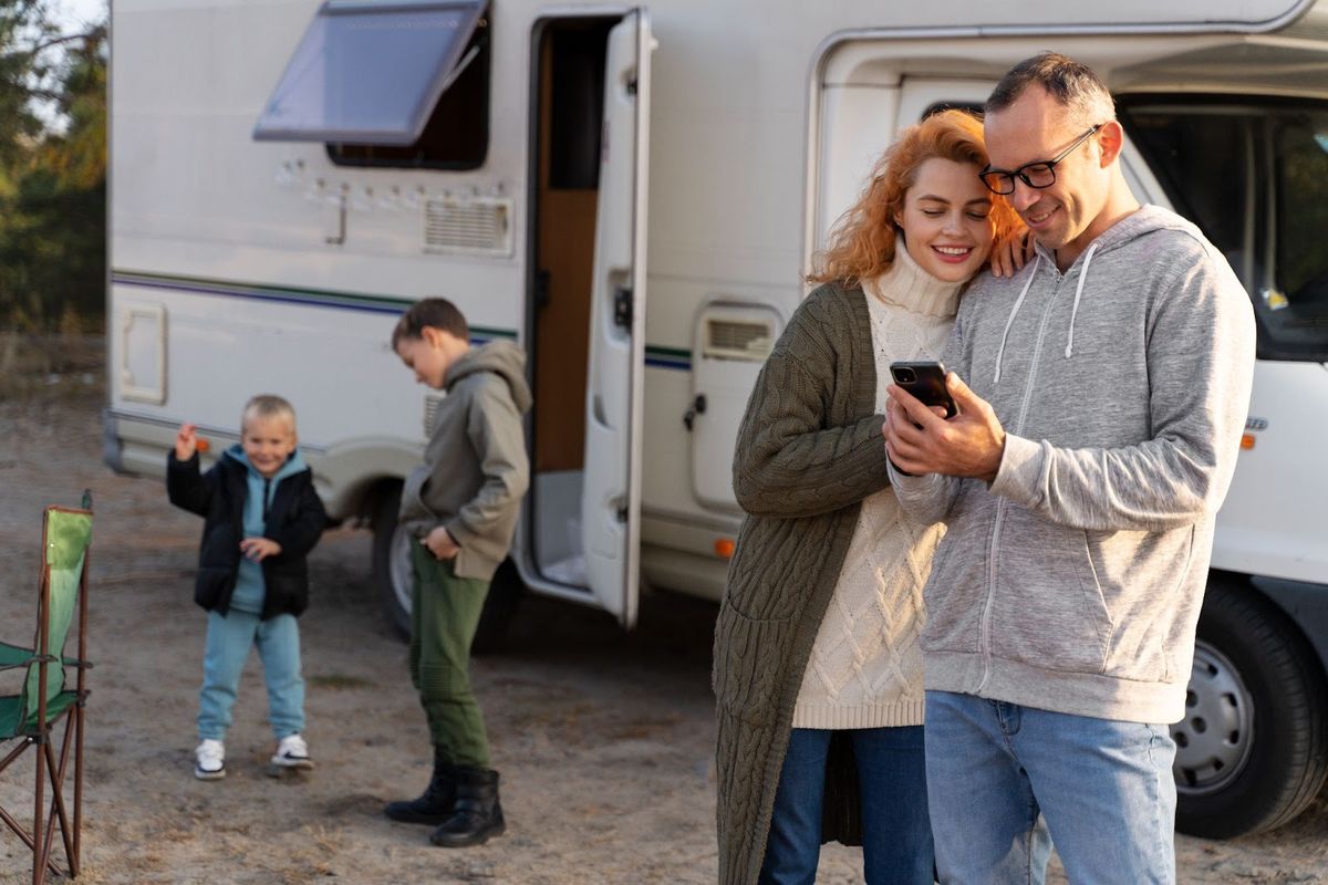 Family at RV campsite viewing smartphone together while children play nearby in front of motorhome.