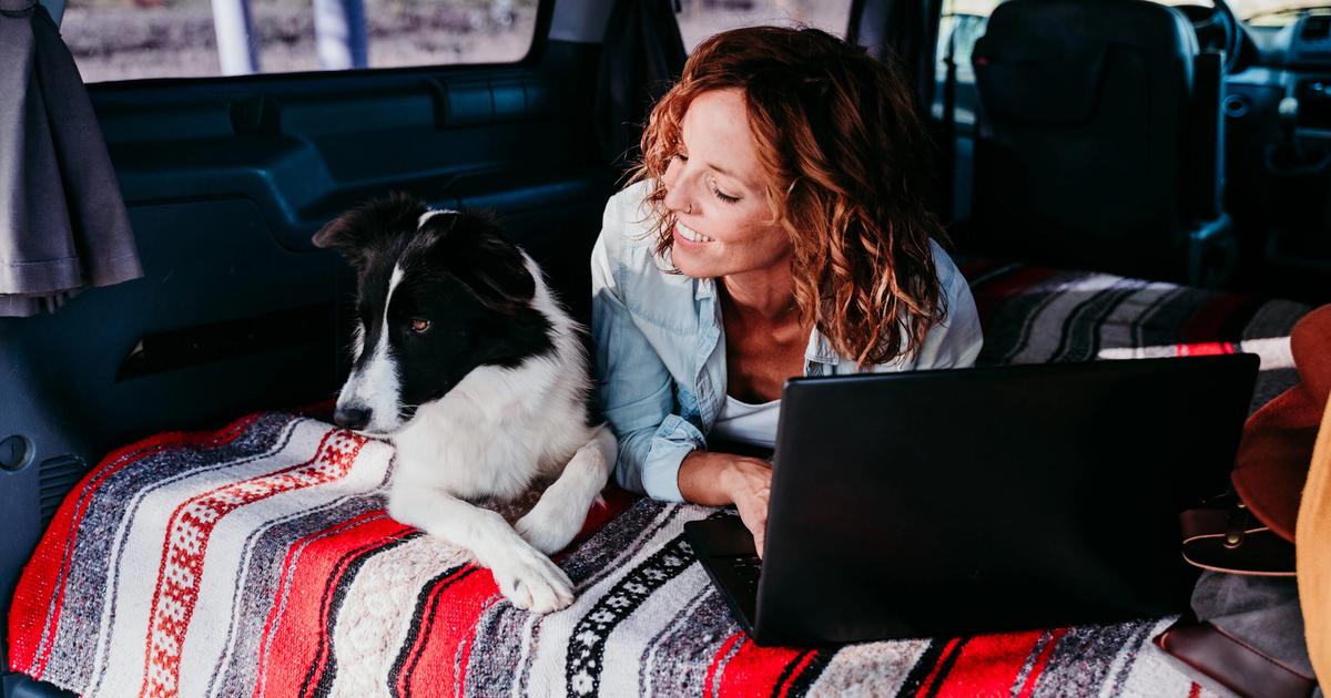 Woman with red hair smiling while working on laptop next to black and white dog sitting on striped blanket inside RV.