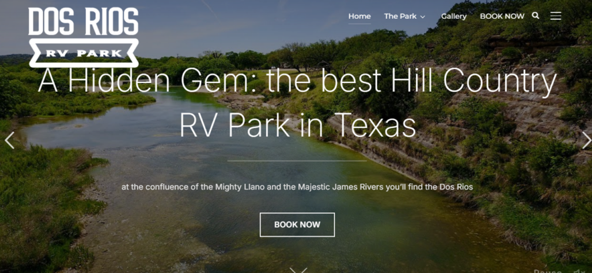 Dos Rios RV Park homepage showing scenic river landscape with navigation menu and "Book Now" button overlaid on water and rocky hillsides.
