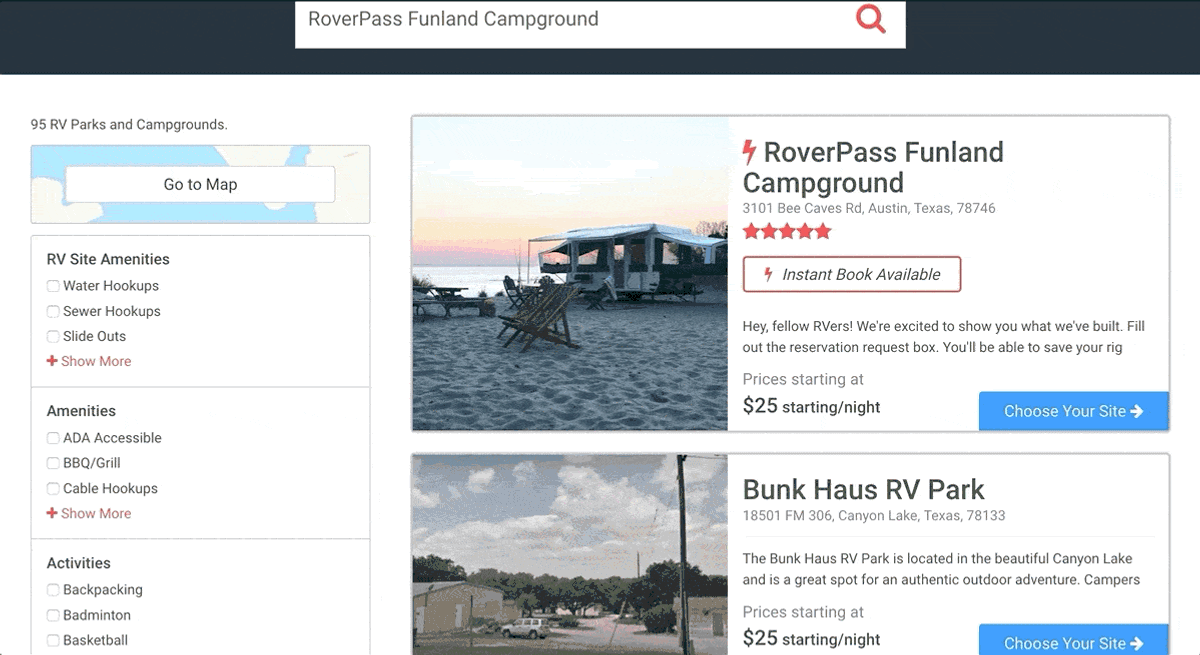 RoverPass campground listing showing RV park details with "Instant Book Available" button and pricing starting at $25 per night in Austin, Texas.