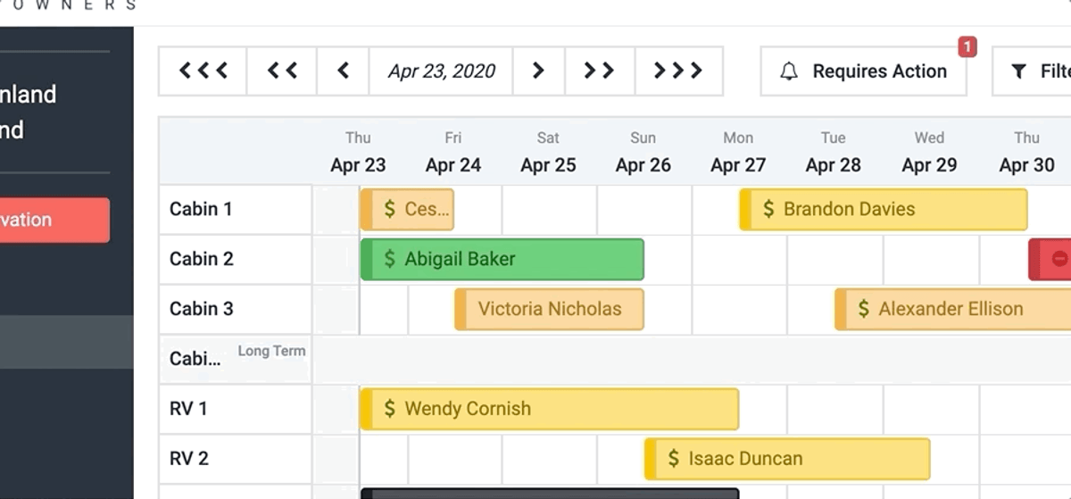 Calendar view showing cabin and RV availability from April 23-30, 2020, with guest names and booking dates color-coded across different properties.