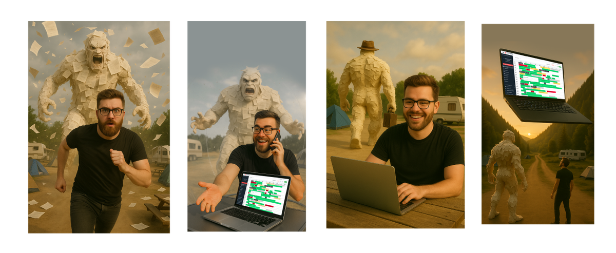 Man in black shirt with glasses composited into four scenes with a giant paper monster, working on laptop and camping, demonstrating AI-generated cinematic content creation.