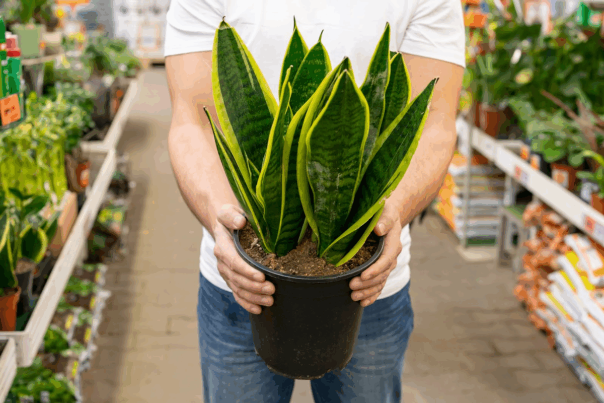 Person holding a potted Snake Plant with green and yellow variegated leaves in a greenhouse nursery setting.