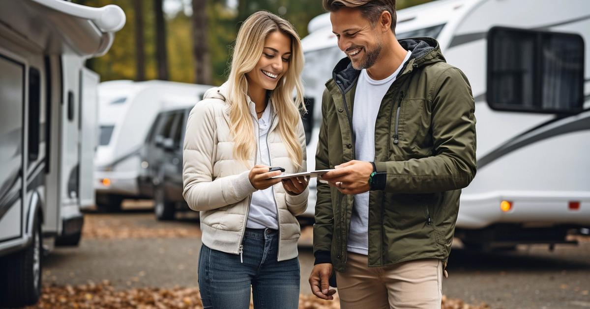 Couple reviewing documents at RV park with multiple white recreational vehicles parked in background among trees.