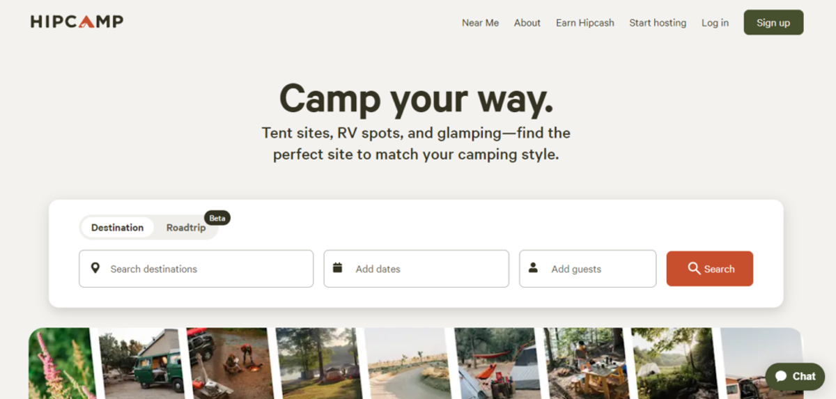 a screenshot of hipcamp website as one of the best directories to list your park in 