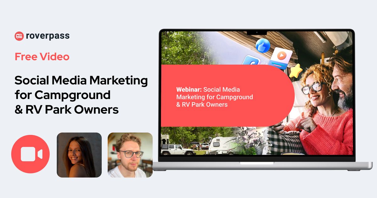 Laptop displaying a webinar titled "Social Media Marketing for Campground & RV Park Owners" with two smiling people and an RV in the background, plus two speaker headshots below.
