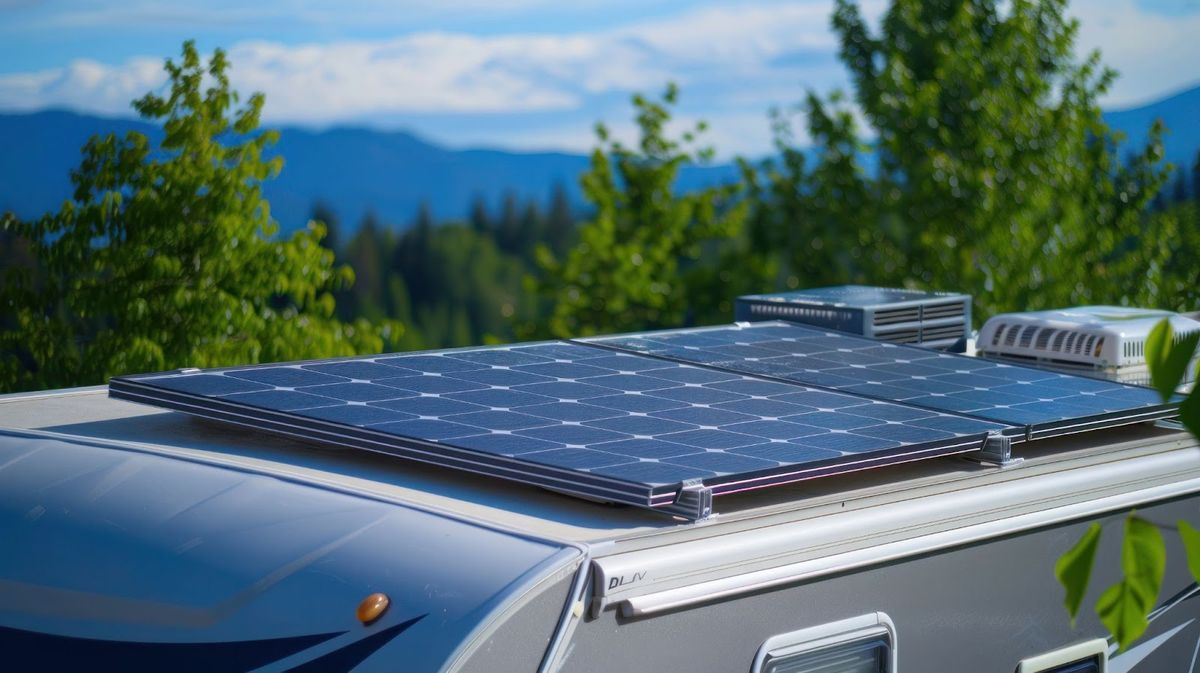Solar panels mounted on an RV roof with mountains and forested landscape visible in the background under blue sky.
