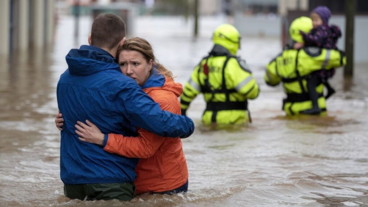 Two people embrace in floodwaters while emergency responders in neon vests wade through rising water during a flood disaster.