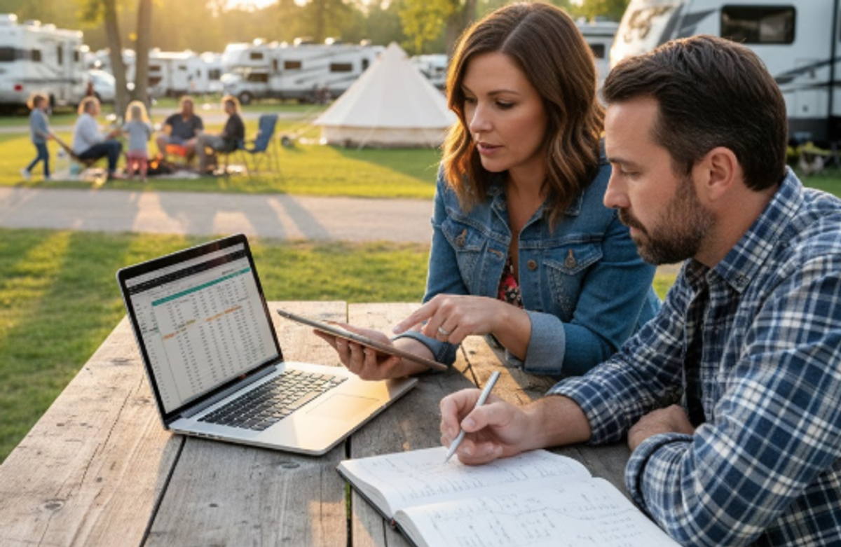 Couple at a campground picnic table reviewing a spreadsheet on a laptop, with RVs in the background