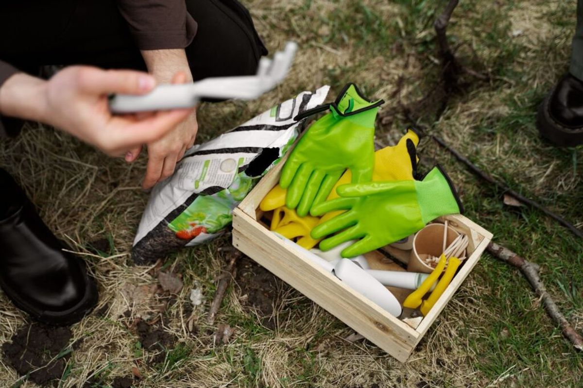 Outdoor supplies laid out on grass including green gloves, yellow tools, and instruction papers in a wooden box, with person's hands visible above organizing materials.